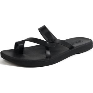 ONCAI Women’s Slide Sandals Trendy Square Summer Flat Dressy Sandals for Women 2025 Cross Strappy Open Split-Toe Ring with Slip-on Rubber Soles(Black（run Small size Up）)