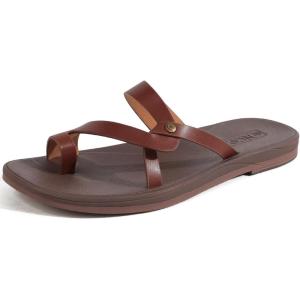 ONCAI Women’s Slide Sandals Trendy Square Summer Flat Dressy Sandals for Women 2025 Cross Strappy Open Split-Toe Ring with Slip-on Rubber Soles(Brown（run Small size Up）)