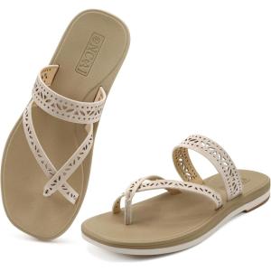 ONCAI Women’s Slide Sandals Trendy Square Summer Flat Dressy Sandals for Women 2025 Cross Strappy Open Split-Toe Ring with Slip-on Rubber Soles(Fashion Beige)