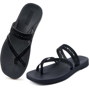 ONCAI Women’s Slide Sandals Trendy Square Summer Flat Dressy Sandals for Women 2025 Cross Strappy Open Split-Toe Ring with Slip-on Rubber Soles(Fashion Black)