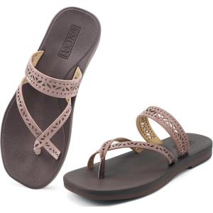 ONCAI Women’s Slide Sandals Trendy Square Summer Flat Dressy Sandals for Women 2025 Cross Strappy Open Split-Toe Ring with Slip-on Rubber Soles(Fashion Brown)