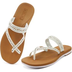 ONCAI Women’s Slide Sandals Trendy Square Summer Flat Dressy Sandals for Women 2025 Cross Strappy Open Split-Toe Ring with Slip-on Rubber Soles(Fashion Khaki Beige)