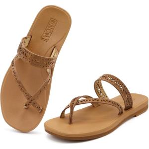 ONCAI Women’s Slide Sandals Trendy Square Summer Flat Dressy Sandals for Women 2025 Cross Strappy Open Split-Toe Ring with Slip-on Rubber Soles(Fashion Khaki)