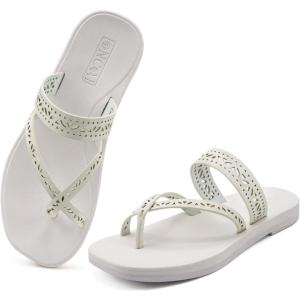 ONCAI Women’s Slide Sandals Trendy Square Summer Flat Dressy Sandals for Women 2025 Cross Strappy Open Split-Toe Ring with Slip-on Rubber Soles(Fashion White)
