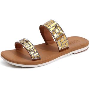 ONCAI Women’s Slide Sandals Trendy Square Summer Flat Dressy Sandals for Women 2025 Cross Strappy Open Split-Toe Ring with Slip-on Rubber Soles(Gold Khaki（run Small size Up）)