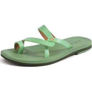 ONCAI Women’s Slide Sandals Trendy Square Summer Flat Dressy Sandals for Women 2025 Cross Strappy Open Split-Toe Ring with Slip-on Rubber Soles(Green（run Small size Up）)