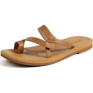 ONCAI Women’s Slide Sandals Trendy Square Summer Flat Dressy Sandals for Women 2025 Cross Strappy Open Split-Toe Ring with Slip-on Rubber Soles(Khaki（run Small size Up）)