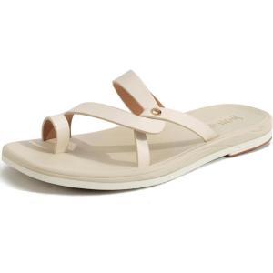 ONCAI Women’s Slide Sandals Trendy Square Summer Flat Dressy Sandals for Women 2025 Cross Strappy Open Split-Toe Ring with Slip-on Rubber Soles(Off-white（run Small size Up）)