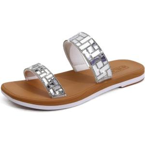 ONCAI Women’s Slide Sandals Trendy Square Summer Flat Dressy Sandals for Women 2025 Cross Strappy Open Split-Toe Ring with Slip-on Rubber Soles(Silver Khaki（run Small size Up）)