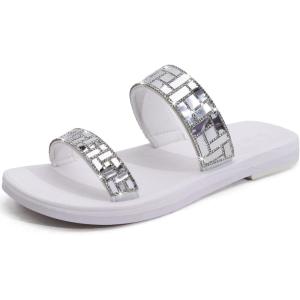 ONCAI Women’s Slide Sandals Trendy Square Summer Flat Dressy Sandals for Women 2025 Cross Strappy Open Split-Toe Ring with Slip-on Rubber Soles(Silver White（run Small size Up）)