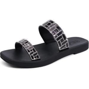 ONCAI Women’s Slide Sandals Trendy Square Summer Flat Dressy Sandals for Women 2025 Cross Strappy Open Split-Toe Ring with Slip-on Rubber Soles(Sparkling Black（run Small size Up）)