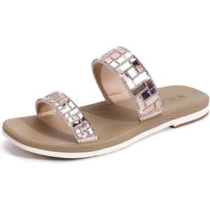 ONCAI Women’s Slide Sandals Trendy Square Summer Flat Dressy Sandals for Women 2025 Cross Strappy Open Split-Toe Ring with Slip-on Rubber Soles(Sparkling Beige（run Small size Up）)