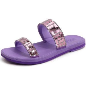 ONCAI Women’s Slide Sandals Trendy Square Summer Flat Dressy Sandals for Women 2025 Cross Strappy Open Split-Toe Ring with Slip-on Rubber Soles(Sparkling Purple（run Small size Up）)