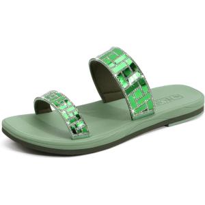 ONCAI Women’s Slide Sandals Trendy Square Summer Flat Dressy Sandals for Women 2025 Cross Strappy Open Split-Toe Ring with Slip-on Rubber Soles(Sparkling Green（run Small size Up）)