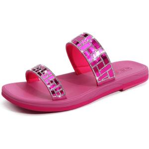 ONCAI Women’s Slide Sandals Trendy Square Summer Flat Dressy Sandals for Women 2025 Cross Strappy Open Split-Toe Ring with Slip-on Rubber Soles(Sparkling Rose（run Small size Up）)