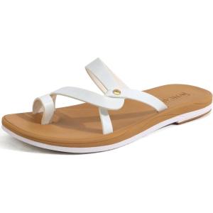ONCAI Women’s Slide Sandals Trendy Square Summer Flat Dressy Sandals for Women 2025 Cross Strappy Open Split-Toe Ring with Slip-on Rubber Soles(White Khaki（run Small size Up）)