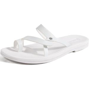 ONCAI Women’s Slide Sandals Trendy Square Summer Flat Dressy Sandals for Women 2025 Cross Strappy Open Split-Toe Ring with Slip-on Rubber Soles(White（run Small size Up）)