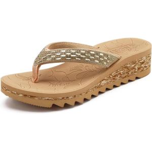 ONCAI Women’s Wedge Flip Flops with Rhinestone，Recovery Dressy Walking Sandals for Women with Comfortable Arch Support Cushion Yoga Mat Summer Rubber Soles(US Size 5-11)(Beige)