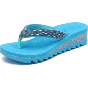 ONCAI Women’s Wedge Flip Flops with Rhinestone，Recovery Dressy Walking Sandals for Women with Comfortable Arch Support Cushion Yoga Mat Summer Rubber Soles(US Size 5-11)(Sky Blue)