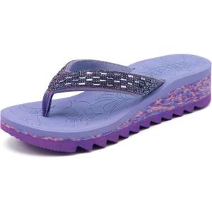 ONCAI Women’s Wedge Flip Flops with Rhinestone，Recovery Dressy Walking Sandals for Women with Comfortable Arch Support Cushion Yoga Mat Summer Rubber Soles(US Size 5-11)(Purple)