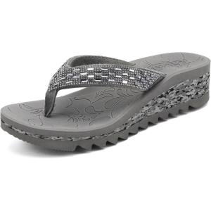 ONCAI Women’s Wedge Flip Flops with Rhinestone，Recovery Dressy Walking Sandals for Women with Comfortable Arch Support Cushion Yoga Mat Summer Rubber Soles(US Size 5-11)(Grey)