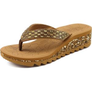 ONCAI Women’s Wedge Flip Flops with Rhinestone，Recovery Dressy Walking Sandals for Women with Comfortable Arch Support Cushion Yoga Mat Summer Rubber Soles(US Size 5-11)(Brown/Khaki)