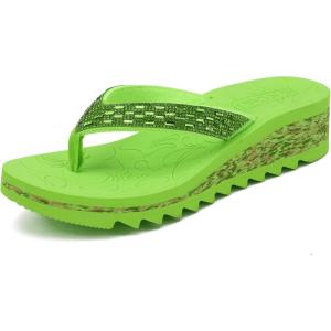ONCAI Women’s Wedge Flip Flops with Rhinestone，Recovery Dressy Walking Sandals for Women with Comfortable Arch Support Cushion Yoga Mat Summer Rubber Soles(US Size 5-11)(Light Green)