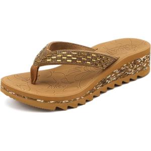 ONCAI Women’s Wedge Flip Flops with Rhinestone，Recovery Dressy Walking Sandals for Women with Comfortable Arch Support Cushion Yoga Mat Summer Rubber Soles(US Size 5-11)(Gold/Khaki)