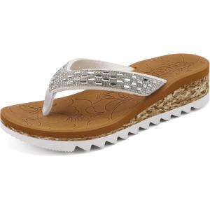 ONCAI Women’s Wedge Flip Flops with Rhinestone，Recovery Dressy Walking Sandals for Women with Comfortable Arch Support Cushion Yoga Mat Summer Rubber Soles(US Size 5-11)(White/Khaki)