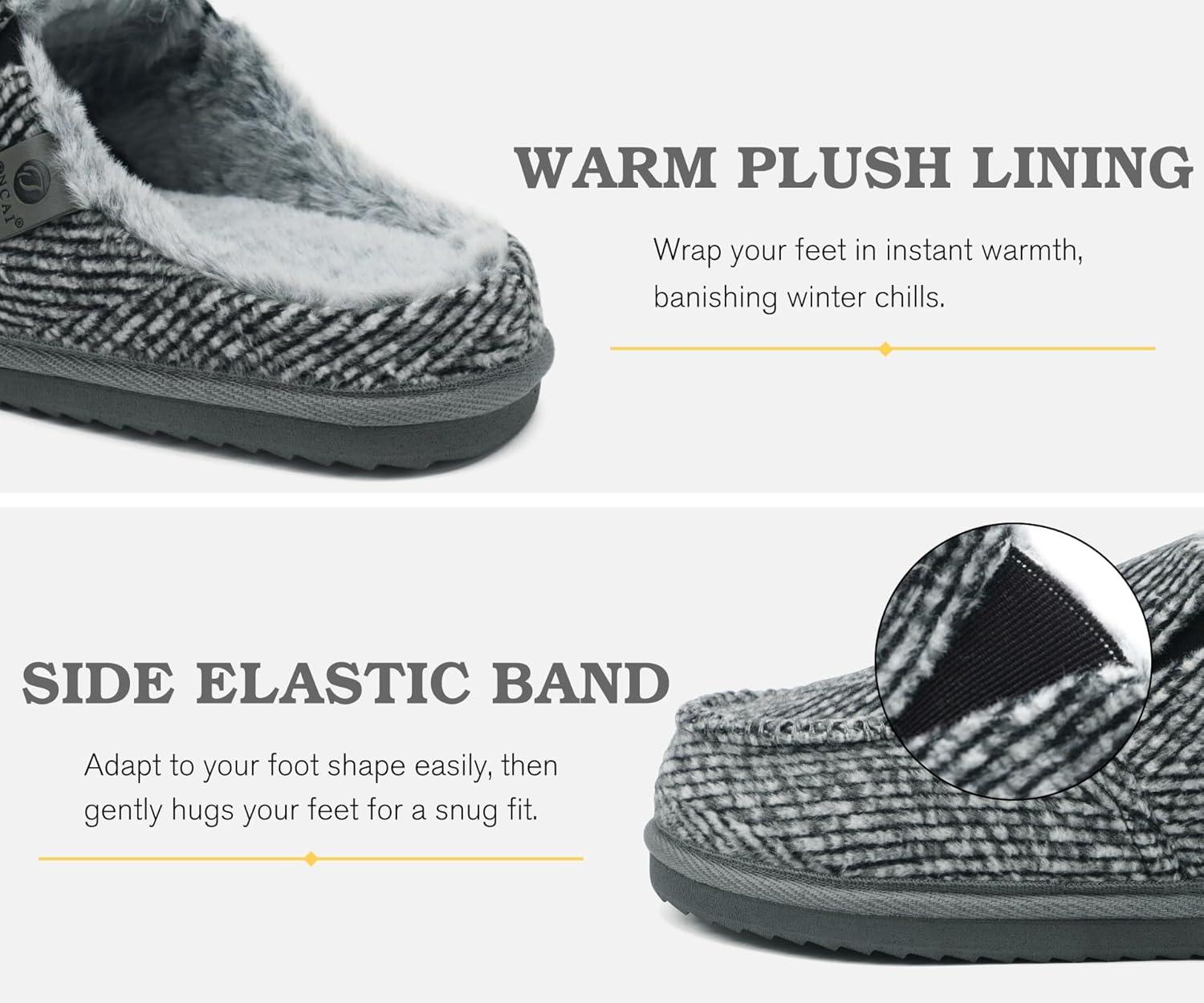 imageONCAI Mens SlippersWarm Comfort Memory Foam CottonBlend Corduroy Stripe Faux Fur House Shoes for Man IndoorOutdoor with Nonslip Rubber Soles US Size 716Stripes Grey