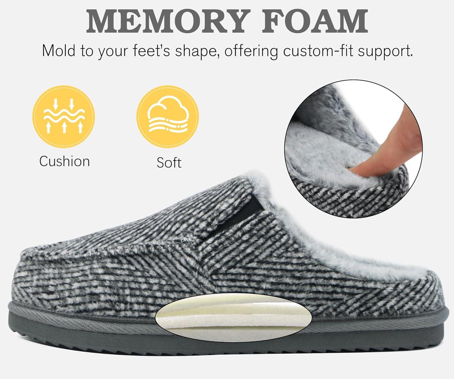 imageONCAI Mens SlippersWarm Comfort Memory Foam CottonBlend Corduroy Stripe Faux Fur House Shoes for Man IndoorOutdoor with Nonslip Rubber Soles US Size 716Stripes Grey