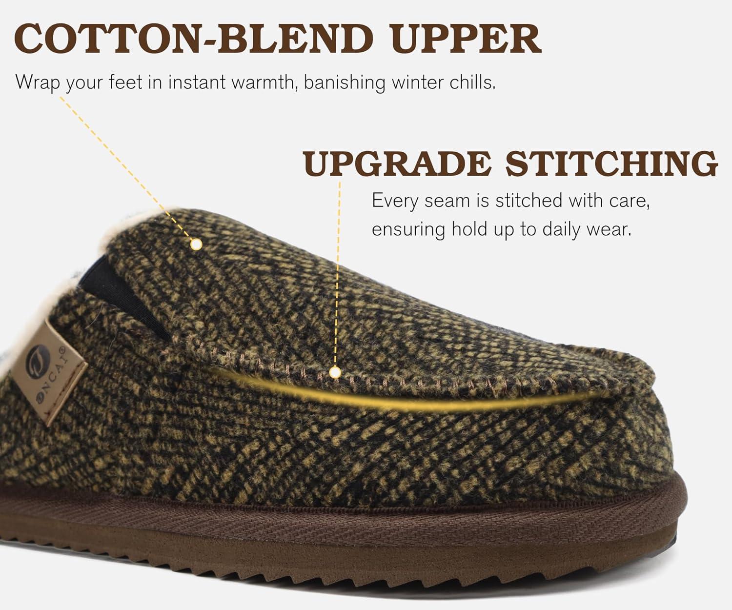 imageONCAI Mens SlippersWarm Comfort Memory Foam CottonBlend Corduroy Stripe Faux Fur House Shoes for Man IndoorOutdoor with Nonslip Rubber Soles US Size 716Stripes Brown