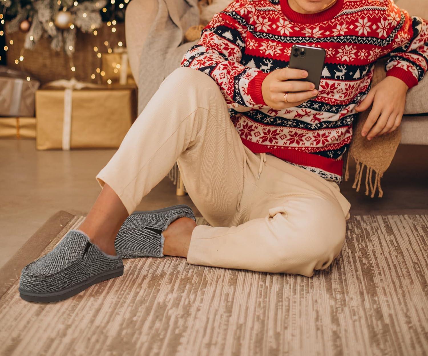 imageONCAI Mens SlippersWarm Comfort Memory Foam CottonBlend Corduroy Stripe Faux Fur House Shoes for Man IndoorOutdoor with Nonslip Rubber Soles US Size 716Stripes Grey