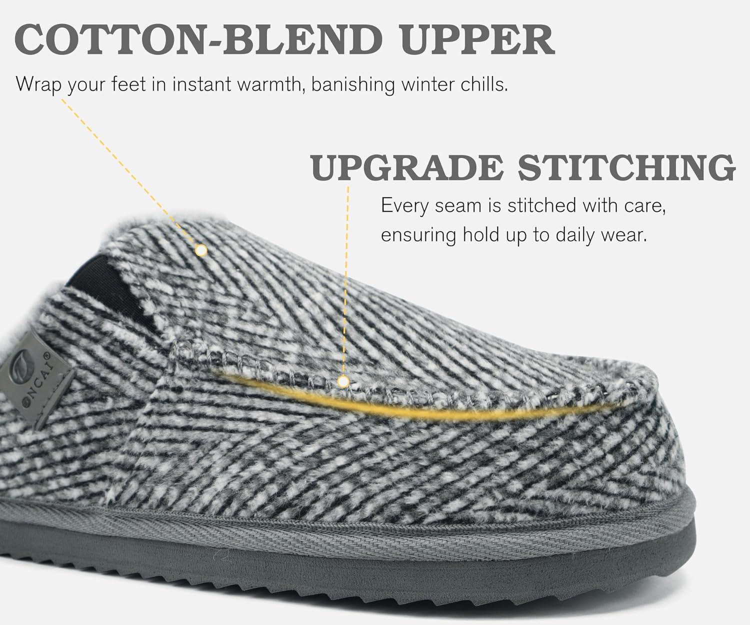 imageONCAI Mens SlippersWarm Comfort Memory Foam CottonBlend Corduroy Stripe Faux Fur House Shoes for Man IndoorOutdoor with Nonslip Rubber Soles US Size 716Stripes Grey