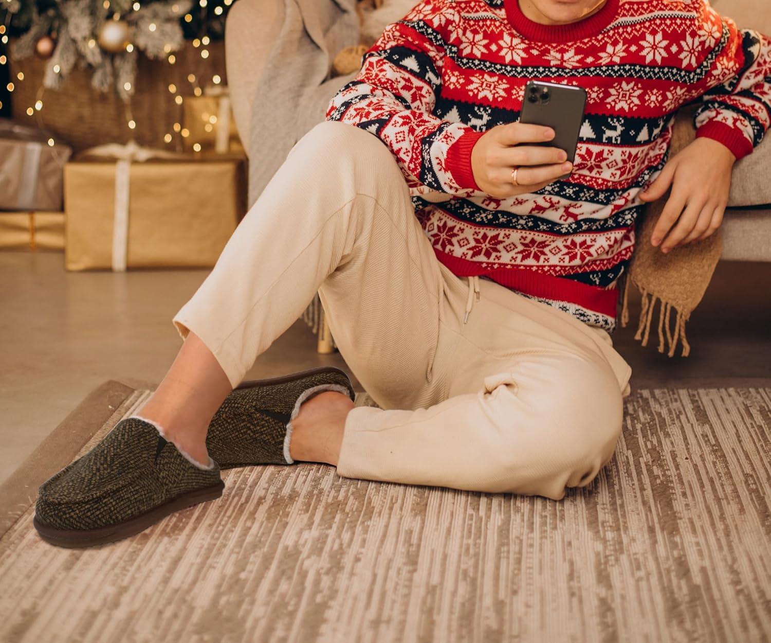 imageONCAI Mens SlippersWarm Comfort Memory Foam CottonBlend Corduroy Stripe Faux Fur House Shoes for Man IndoorOutdoor with Nonslip Rubber Soles US Size 716Stripes Brown
