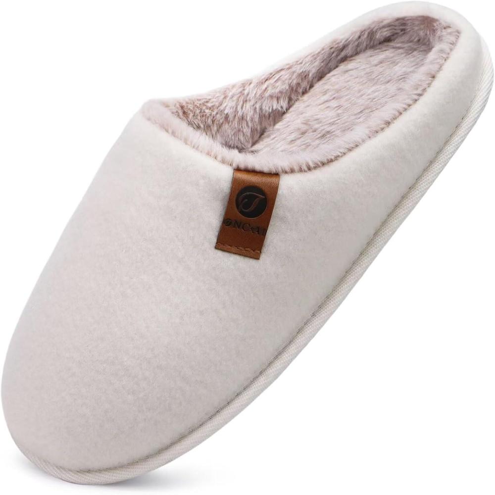 imageONCAI Mens Cozy Memory Foam Scuff Slippers Slip On Warm House Shoes IndoorOutdoor with Best Arch SupportFelt Plush White