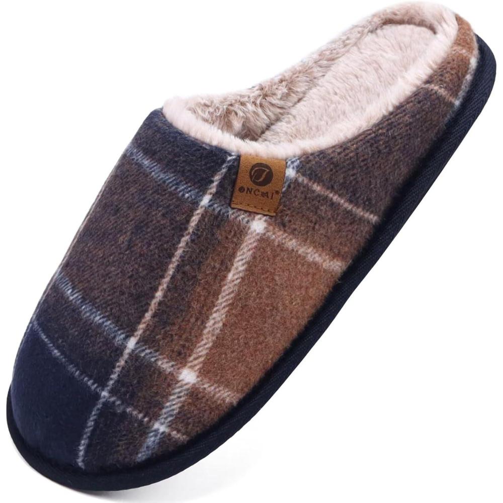 imageONCAI Mens Cozy Memory Foam Scuff Slippers Slip On Warm House Shoes IndoorOutdoor with Best Arch SupportPlush Fade Blue