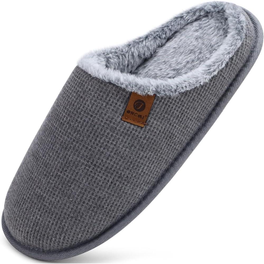 imageONCAI Mens House Slippers Cushion Memory Foam Shake Fleece and Man House Shoes with Faux Fur Lining and Indoor Outdoor Rubber Soles US Size 715Plush Grey