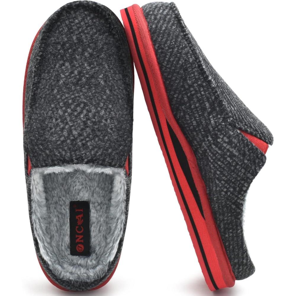 imageONCAI Mens Slippers with Arch Support Stripe Faux Fur CottonBlend HighDensity Memory Foam Warm House Slippers for man Slipon Indoor Outdoor Rubber Sole Size 716BlackRed