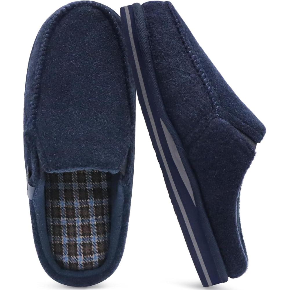 imageONCAI Mens Slippers with Arch Support Stripe Faux Fur CottonBlend HighDensity Memory Foam Warm House Slippers for man Slipon Indoor Outdoor Rubber Sole Size 716Felt Blue