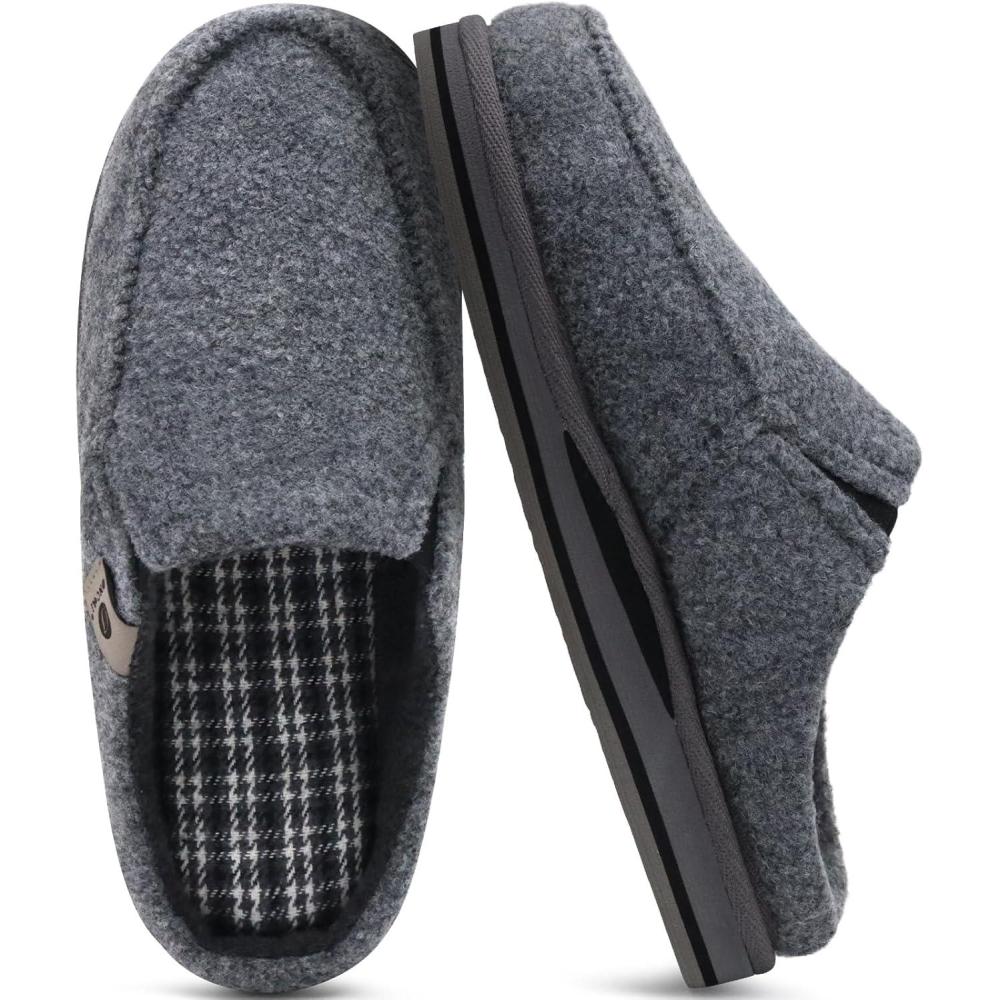 imageONCAI Mens Slippers with Arch Support Stripe Faux Fur CottonBlend HighDensity Memory Foam Warm House Slippers for man Slipon Indoor Outdoor Rubber Sole Size 716Felt Grey