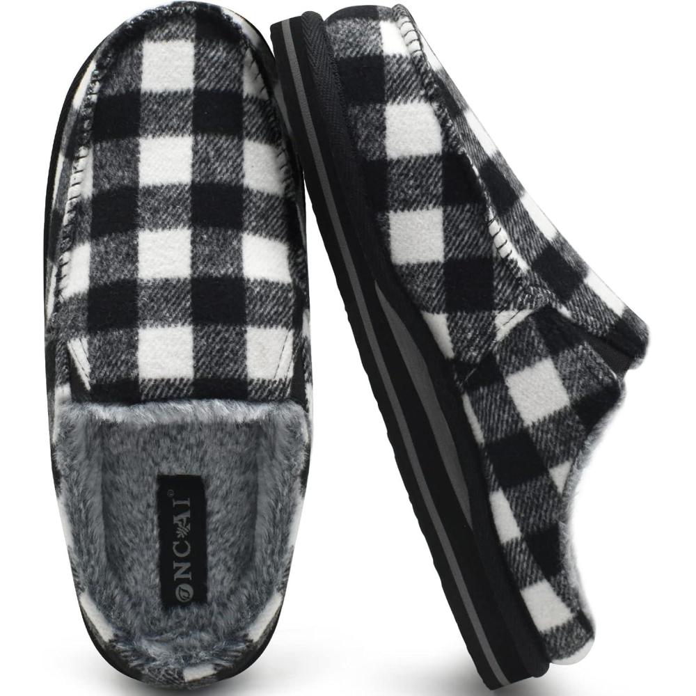 imageONCAI Mens Slippers with Arch Support Stripe Faux Fur CottonBlend HighDensity Memory Foam Warm House Slippers for man Slipon Indoor Outdoor Rubber Sole Size 716Plaid BlackWhite