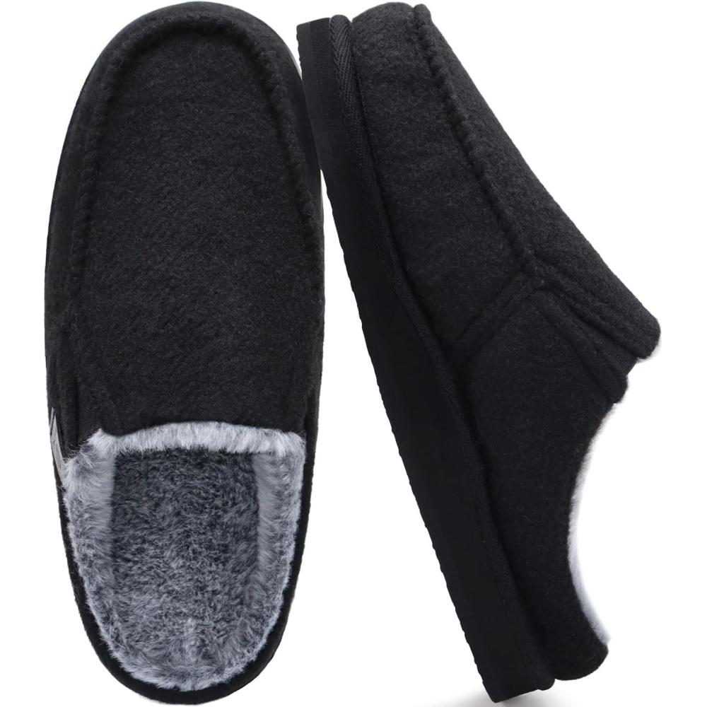 imageONCAI Mens Slippers with Arch Support Stripe Faux Fur CottonBlend HighDensity Memory Foam Warm House Slippers for man Slipon Indoor Outdoor Rubber Sole Size 716Plush Felt Black