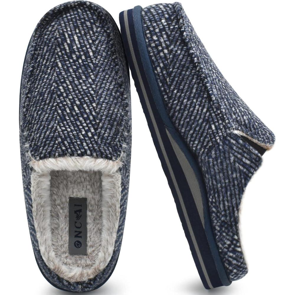 imageONCAI Mens Slippers with Arch Support Stripe Faux Fur CottonBlend HighDensity Memory Foam Warm House Slippers for man Slipon Indoor Outdoor Rubber Sole Size 716Light Blue