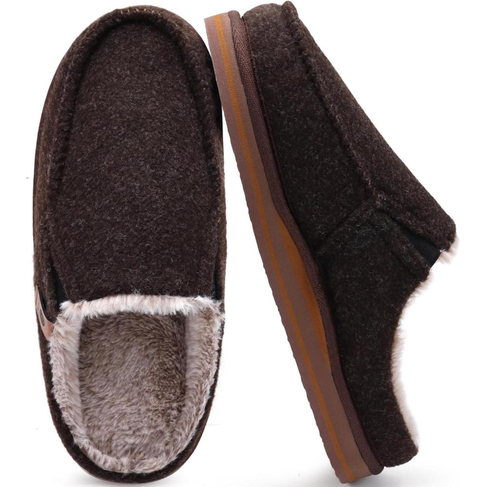 imageONCAI Mens Slippers with Arch Support Stripe Faux Fur CottonBlend HighDensity Memory Foam Warm House Slippers for man Slipon Indoor Outdoor Rubber Sole Size 716Plush Felt Brown