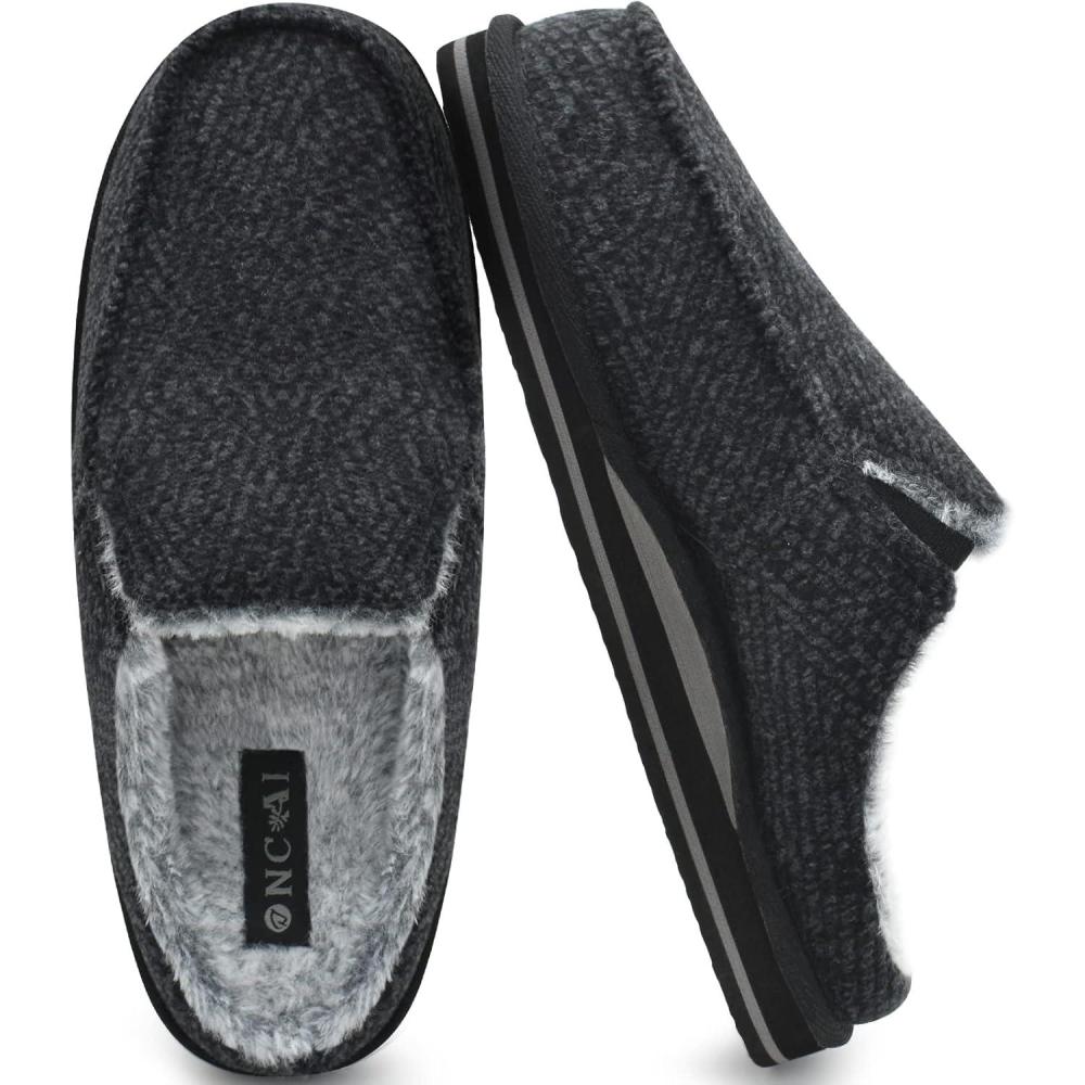 imageONCAI Mens Slippers with Arch Support Stripe Faux Fur CottonBlend HighDensity Memory Foam Warm House Slippers for man Slipon Indoor Outdoor Rubber Sole Size 716Black