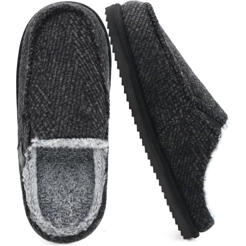 imageONCAI Mens SlippersWarm Comfort Memory Foam CottonBlend Corduroy Stripe Faux Fur House Shoes for Man IndoorOutdoor with Nonslip Rubber Soles US Size 716Stripes Black