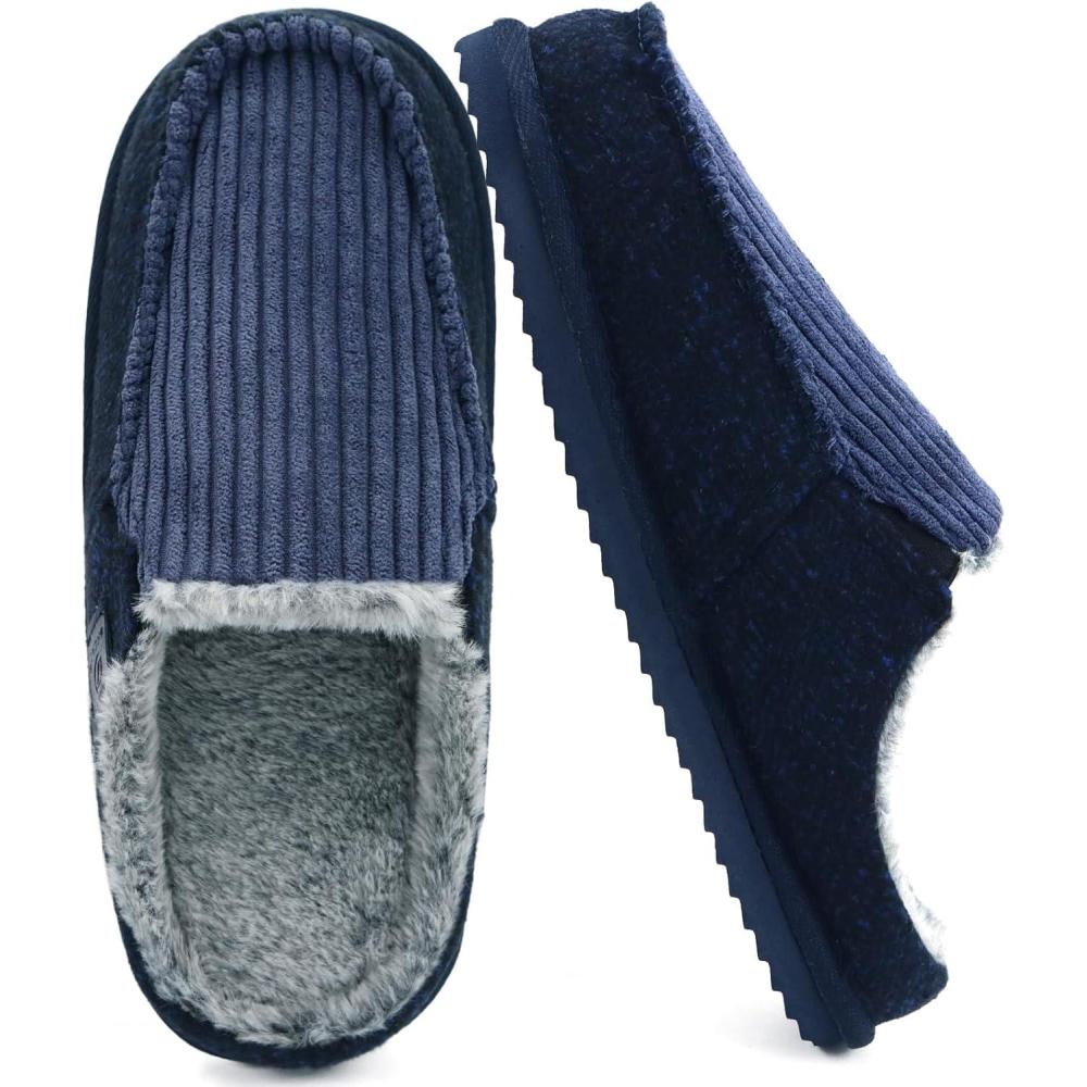 imageONCAI Mens SlippersWarm Comfort Memory Foam CottonBlend Corduroy Stripe Faux Fur House Shoes for Man IndoorOutdoor with Nonslip Rubber Soles US Size 716Corduroy Blue