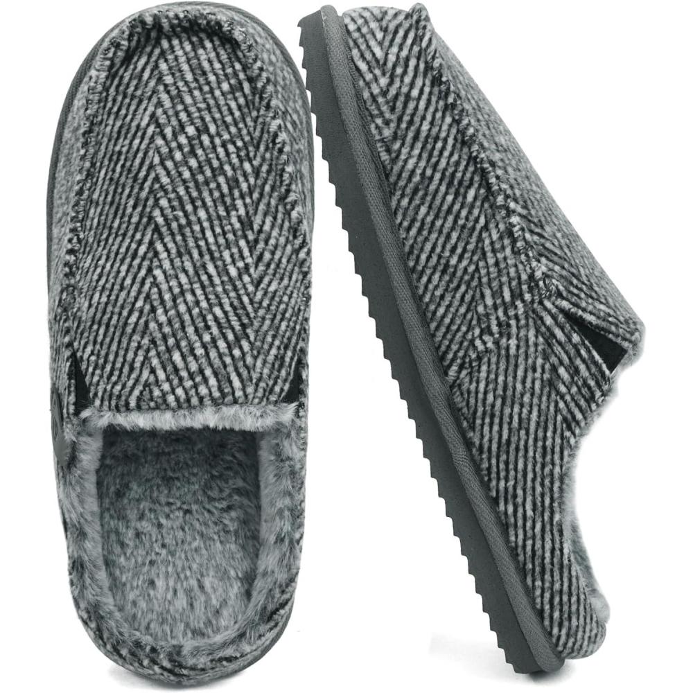 imageONCAI Mens SlippersWarm Comfort Memory Foam CottonBlend Corduroy Stripe Faux Fur House Shoes for Man IndoorOutdoor with Nonslip Rubber Soles US Size 716Stripes Grey