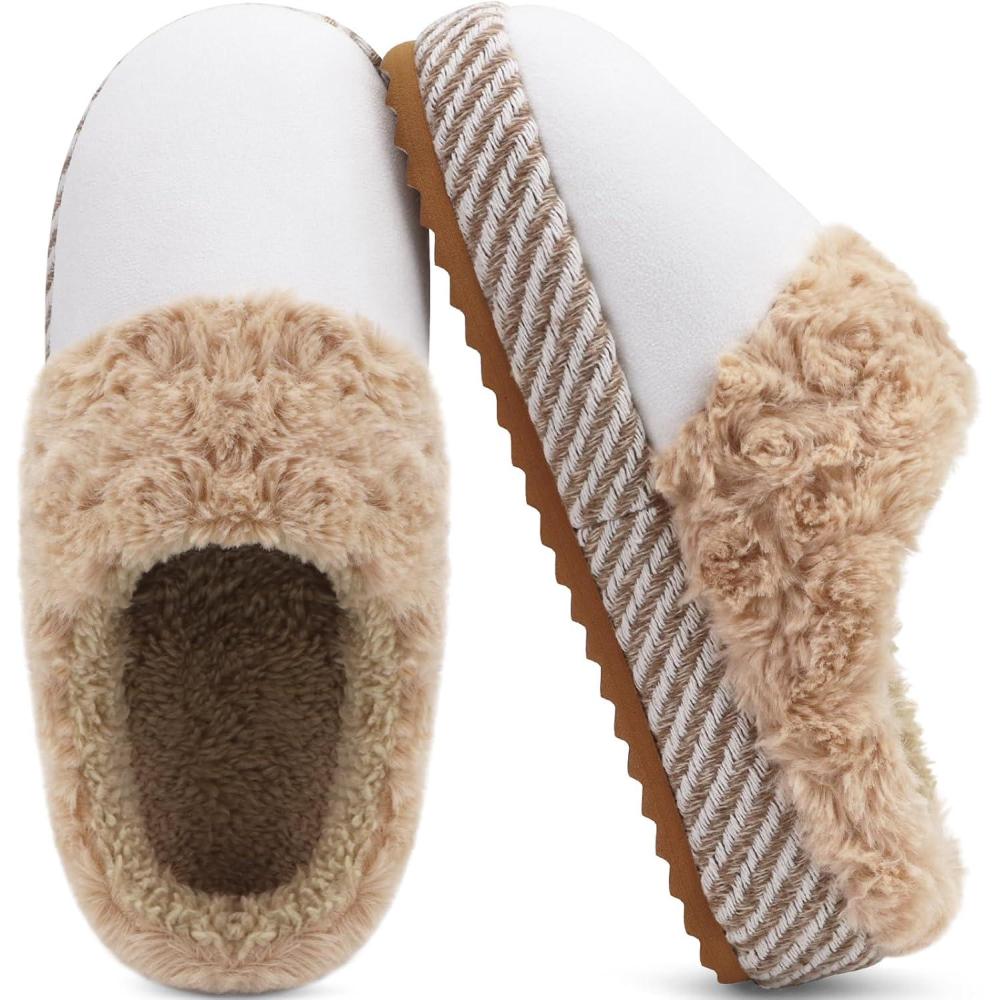 imageONCAI Womam Slippers with Cushion Yoga Mat Faux Fur Lining Fuzzy Suede Warm Winter House Slippers Shoes Ladies Indoor and Outdoor Cozy Rubber Sole US Size 511WhiteKhaki